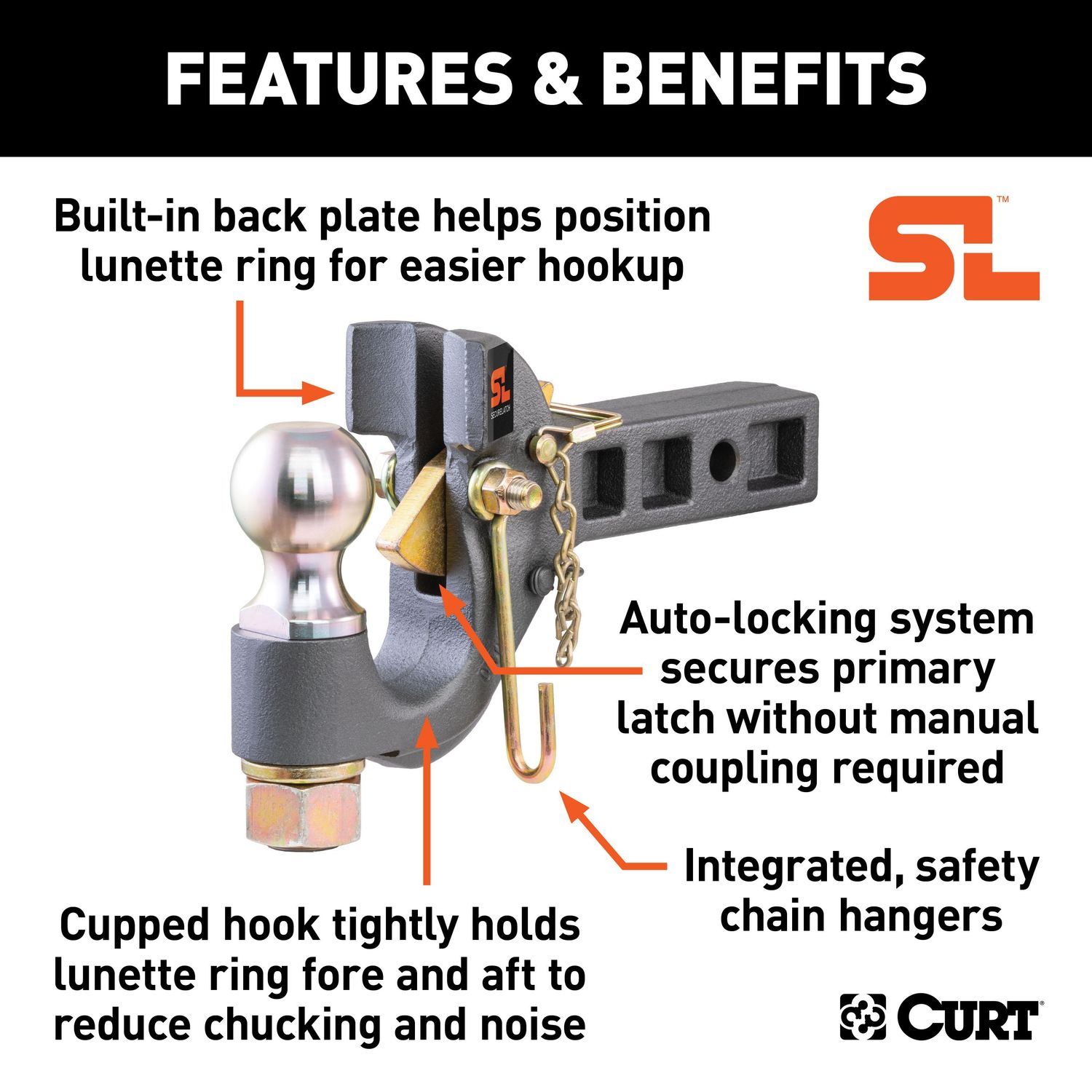 Curt 2in Shank 2 5 16in Ball 14 000lbs Secure Latch Receiver Mount Ball