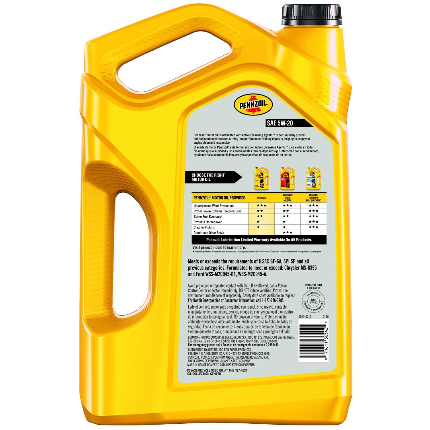 Pennzoil Engine Oil Synthetic Blend 5W 20 5 Quart