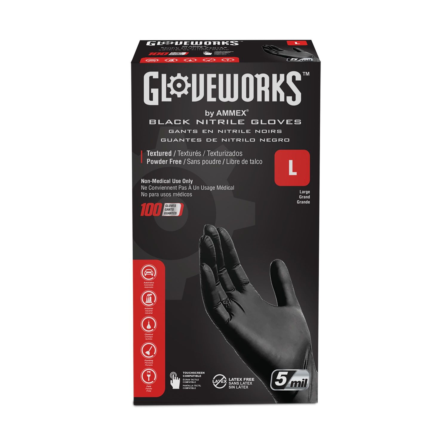 Gloveworks Black Nitrile Disposable Gloves, Large, 10 Boxes of 100