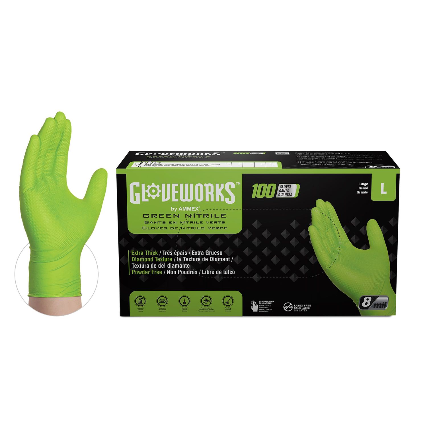 Gloveworks HD Green Nitrile Gloves Large, 8 Mil Nitrile Disposable Gloves with Raised Diamond Grip, 2 Boxes of 100 Gloves