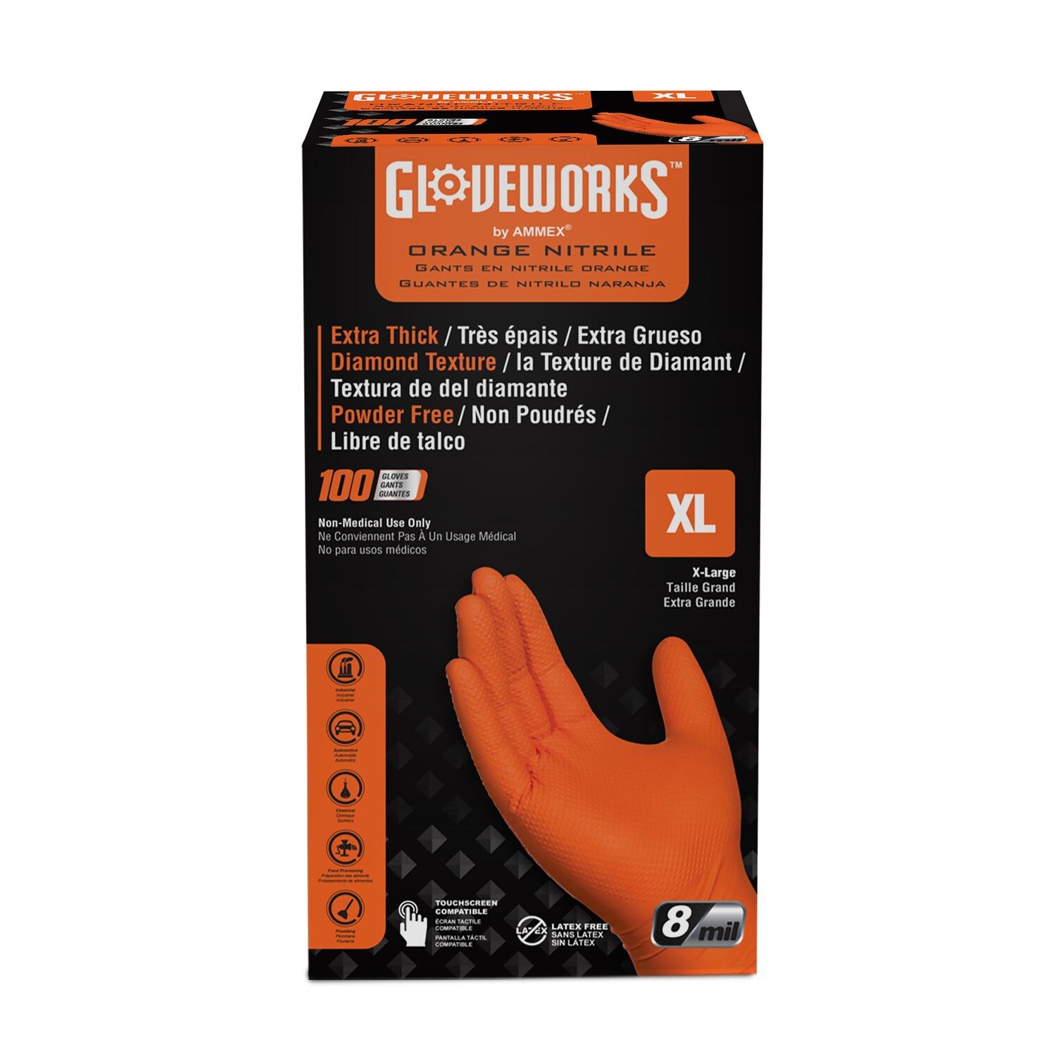 GLOVEWORKS HD ORANGE NITRILE 8 MIL PF IND GLOVES 100 PC PER BOX