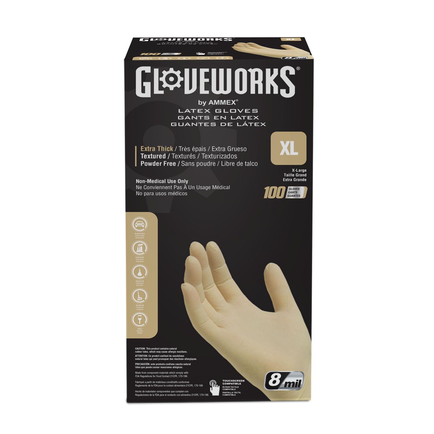 Gloveworks Latex Disposable Gloves, X-Large, 10 Boxes of 100 Count