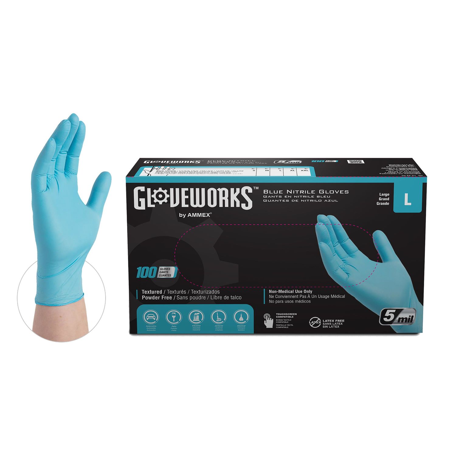 Gloveworks Blue Nitrile Disposable Gloves, Large, 10 Boxes of 100