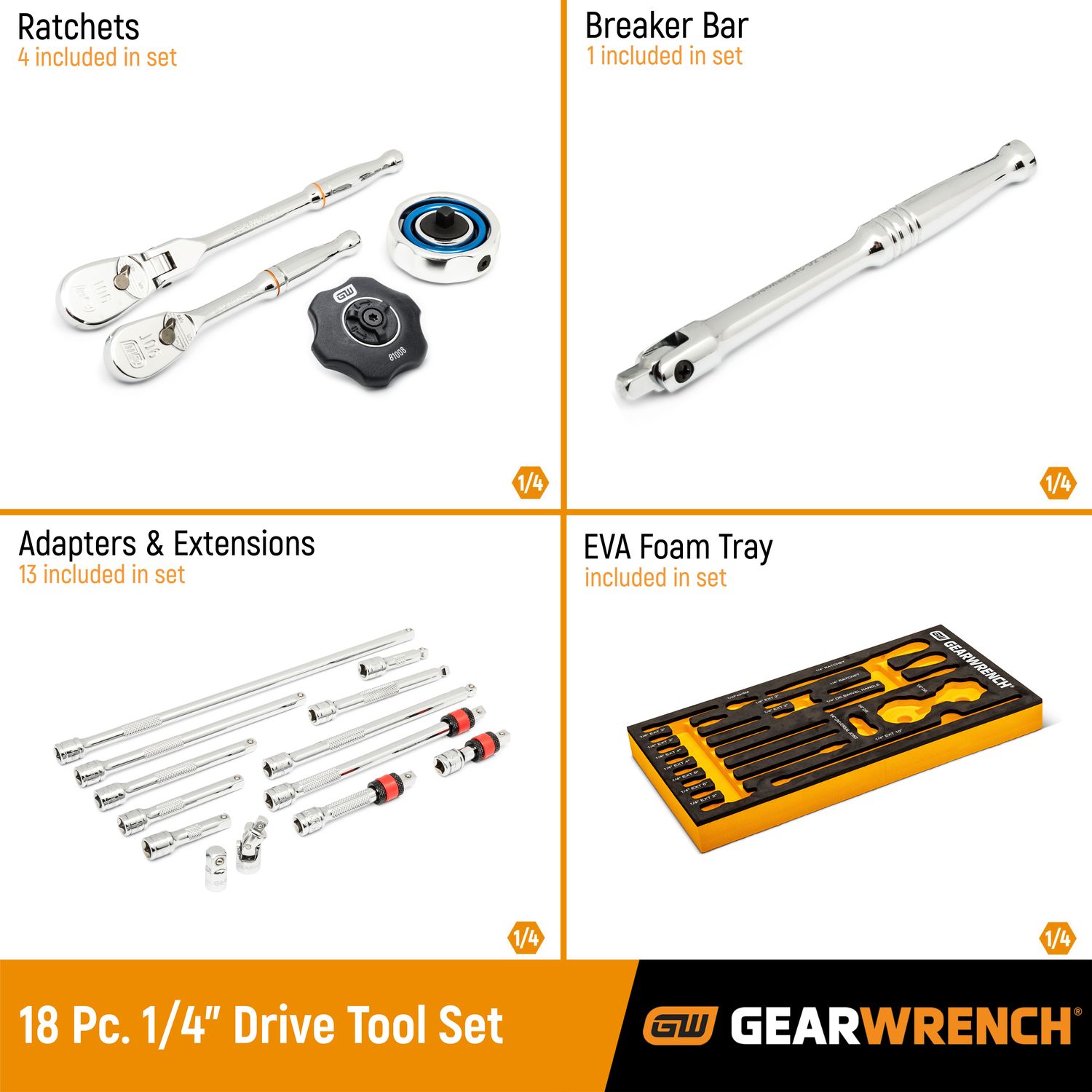 GearWrench 1/4in 90Tooth Ratchet and Drive Tool Set with Foam Storage