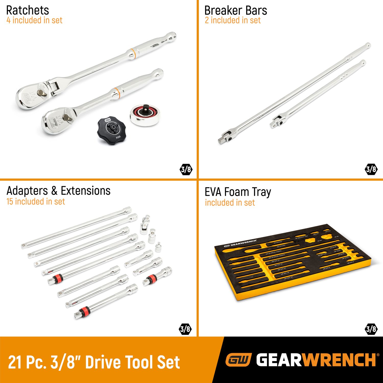 GearWrench 3/8in 90Tooth Ratchet and Drive Tool Set with Foam Storage