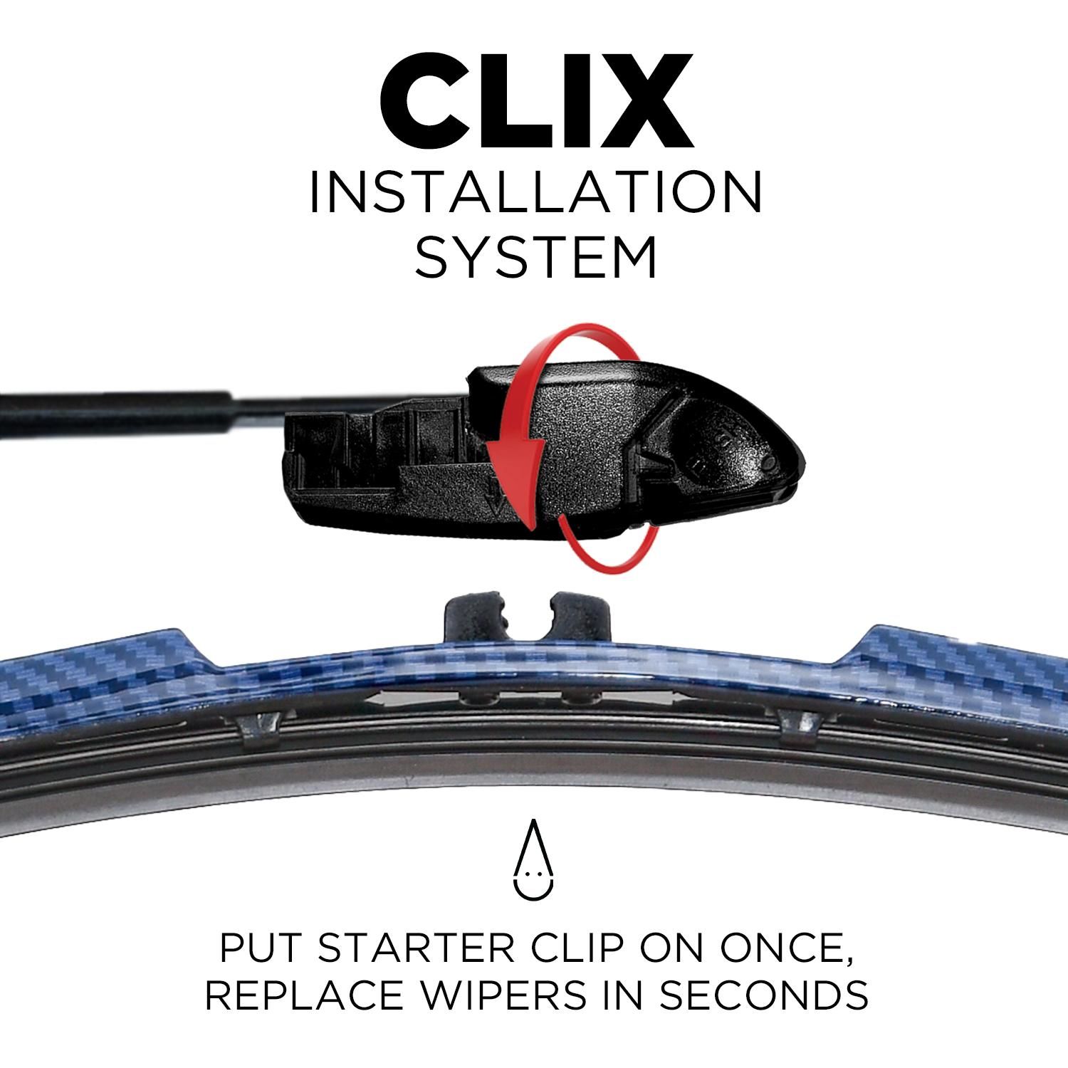 CLIX Wipers Blue Carbon 24in 20in All Weather Interchangeable Wiper Blade