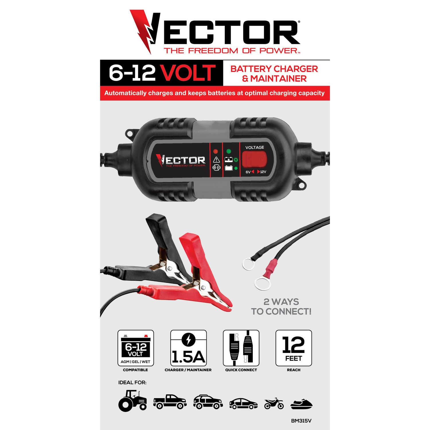 VECTOR Cargador de batería de 1.5 amperios, mantenedor de batería, cargador  de goteo, BM315V, 6V y 12V, totalmente automático