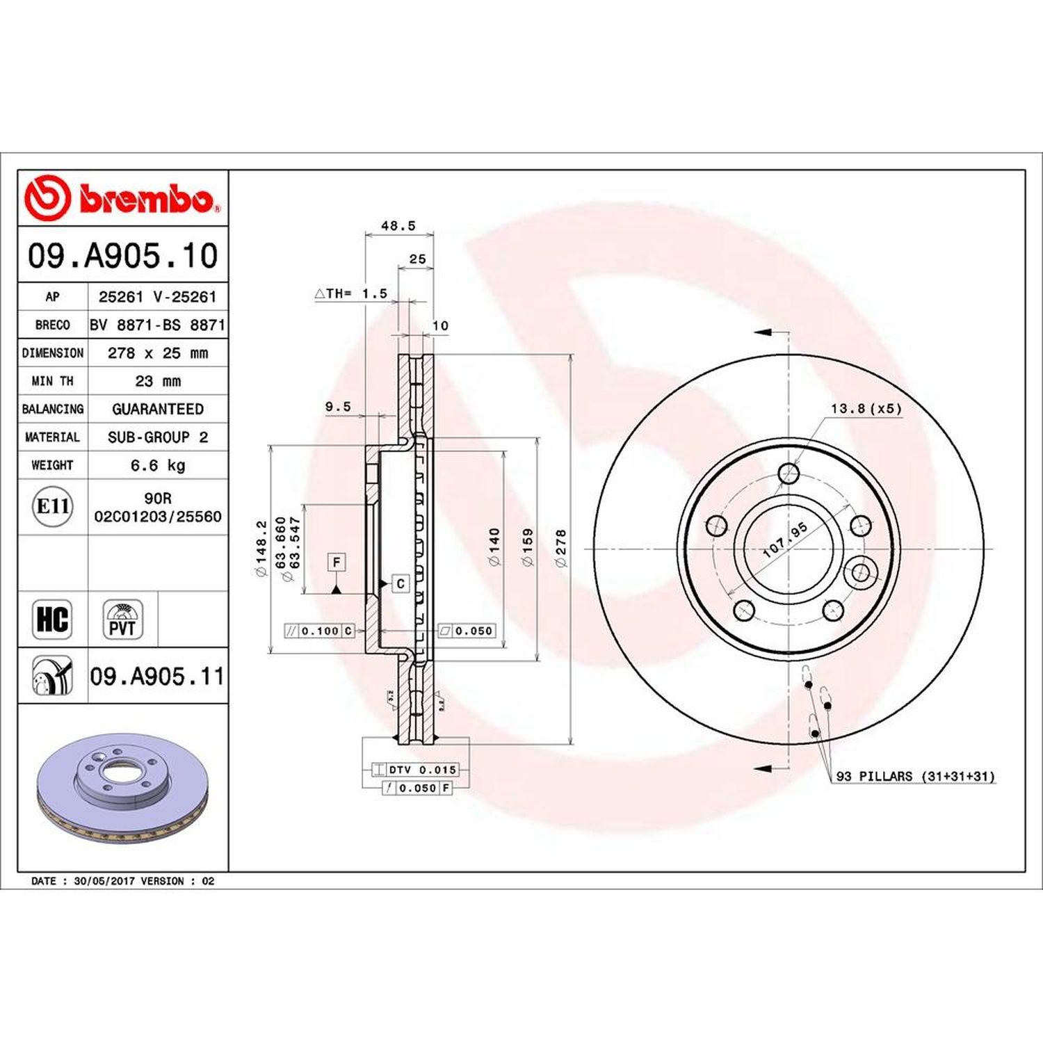 Disque De Frein BREMBO 09.A905.10 : Disque De Frein Pas Cher