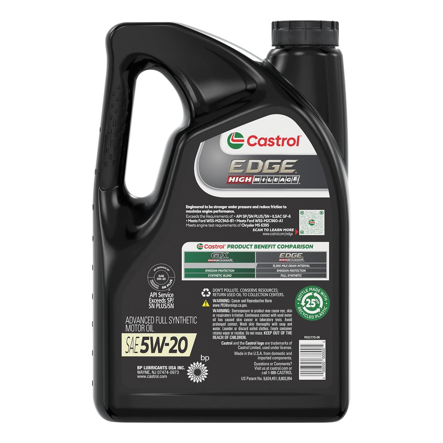 Castrol Edge High Mileage Engine Oil Full Synthetic 5w 20 5 Quart