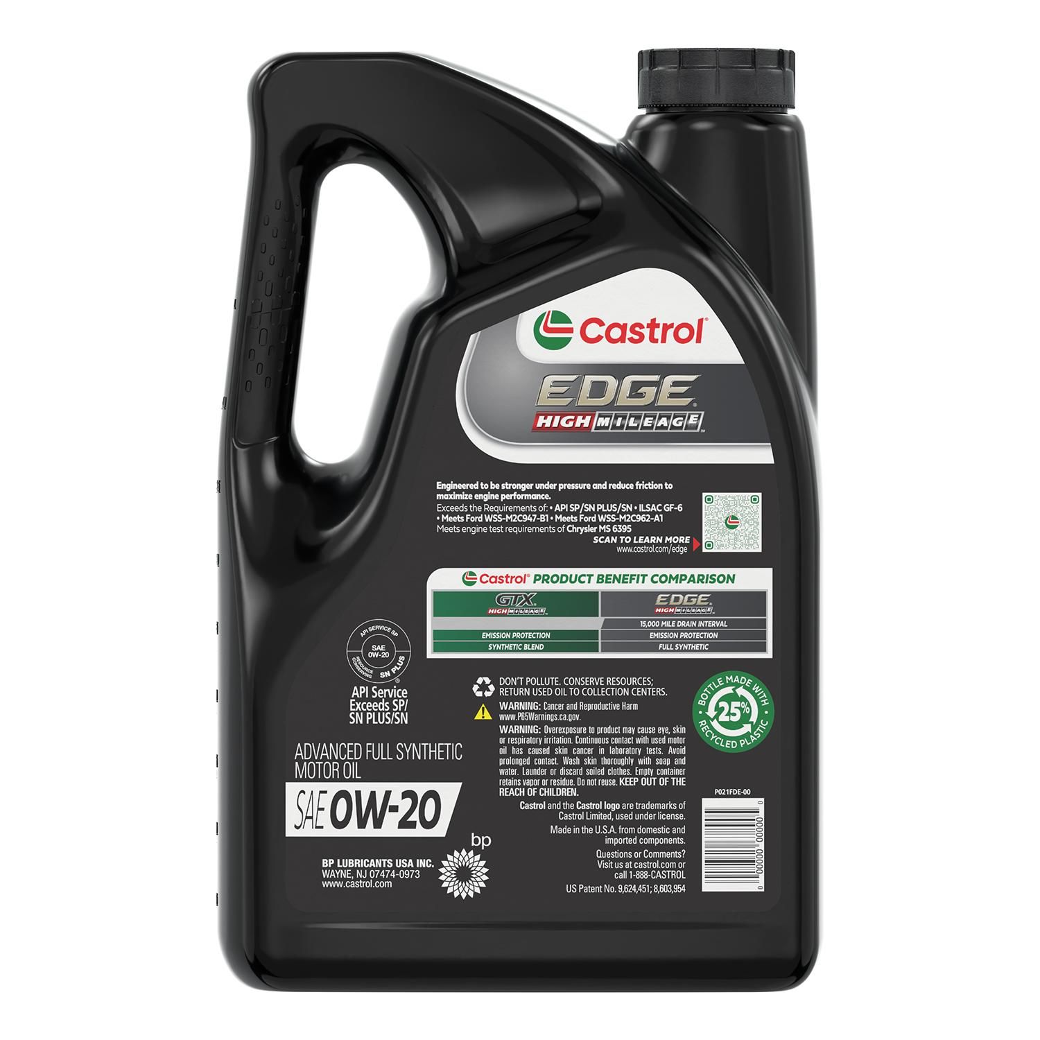 Castrol EDGE High Mileage Full Synthetic Engine Oil 0W-20 5 Quart