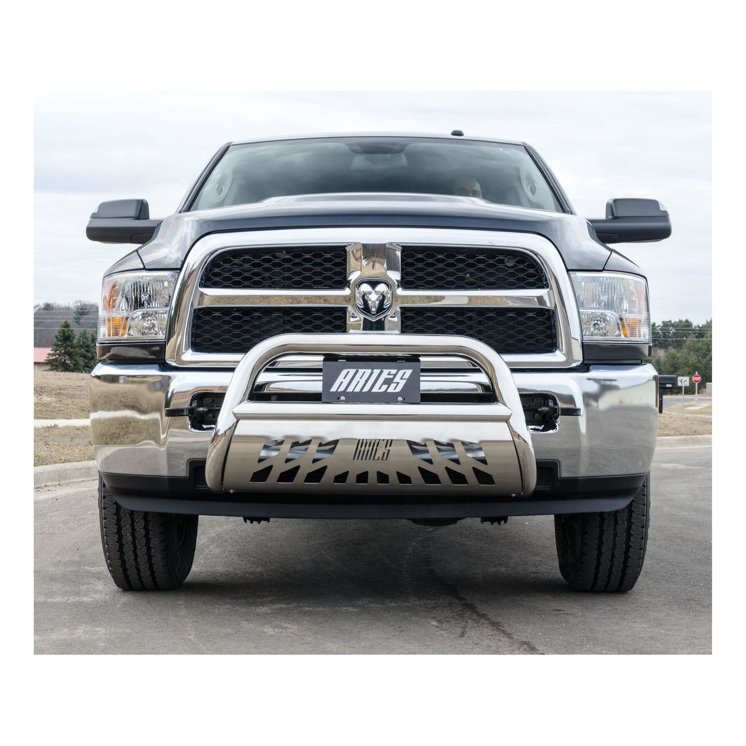 Aries Automotive Black Bull Bar With Stainless Steel Skid Plate - 3" Tube, No Drill Installation
