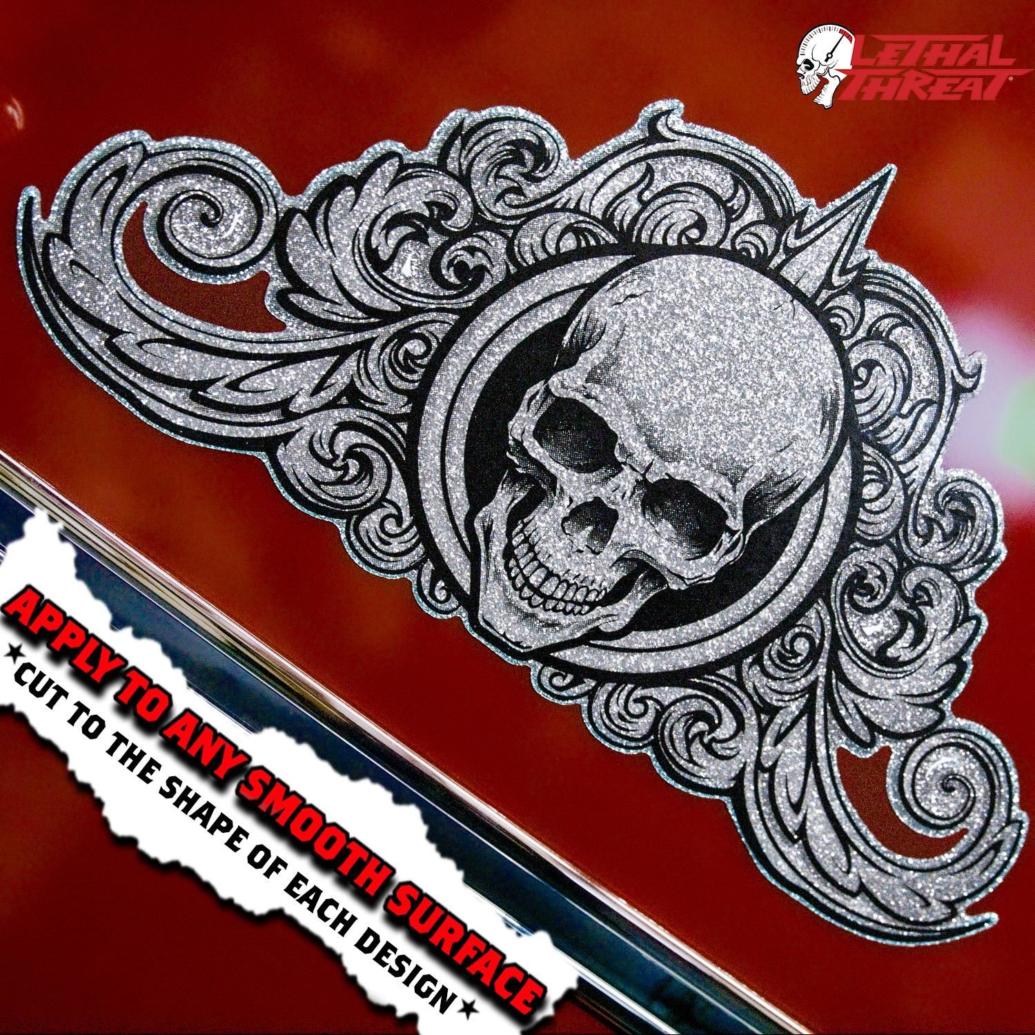 Lethal Threat 6in X 12in Swirl Skulls Decal