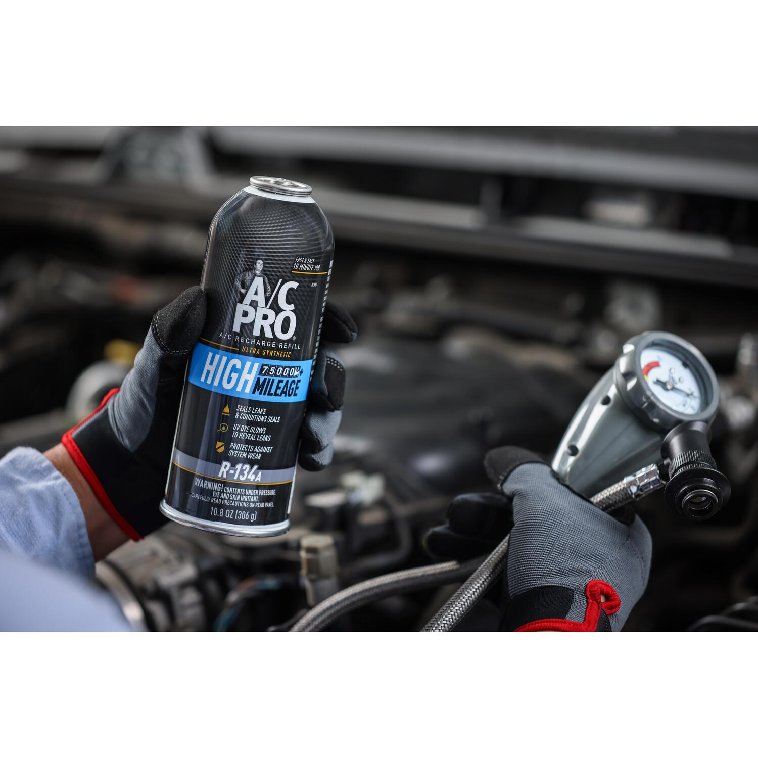 A/C Pro High Mileage R-134a Refrigerant with Stop Leak and UV Dye