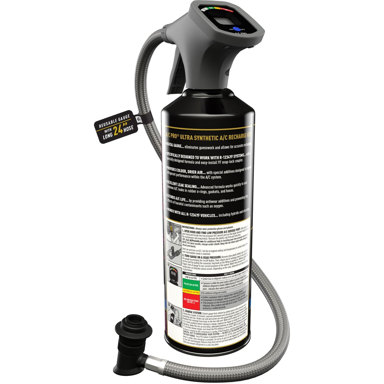 A/C Pro R1234yf Refrigerant with Stop Leak and Charging Hose 14oz