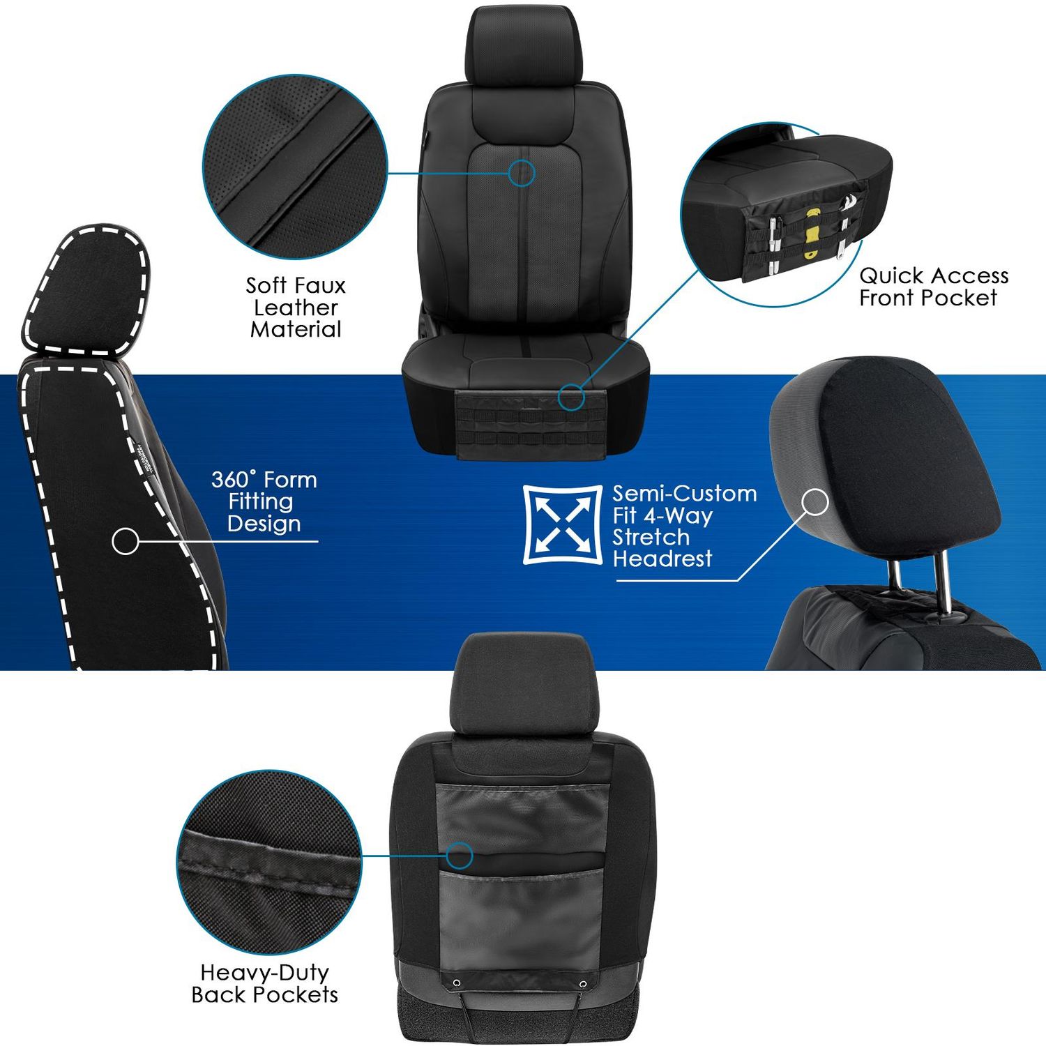 Car Seat Covers Front Set Blue Black Faux Leather Seat Cushions