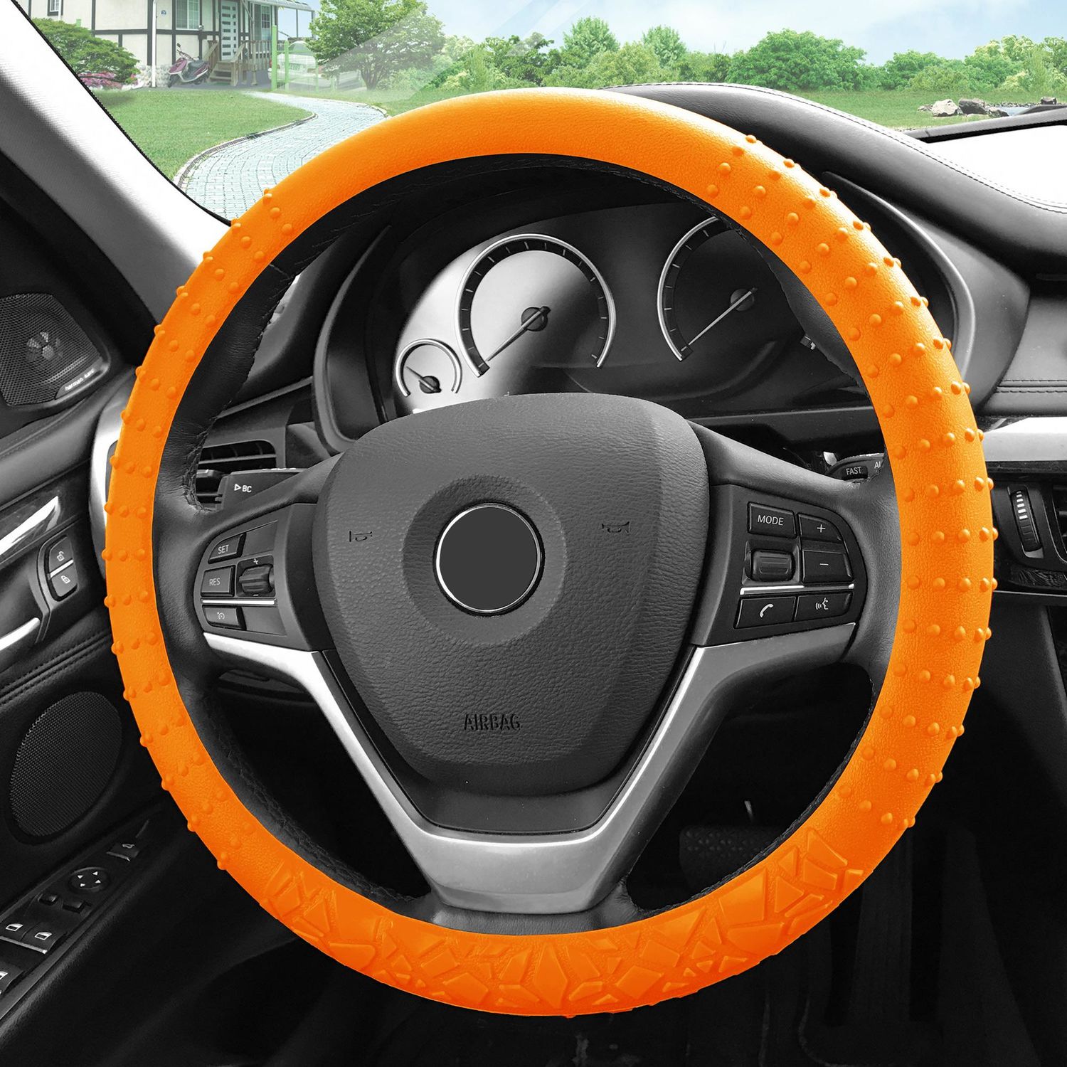 FH Group Automotive Seat Covers Combo Silicone Steering Wheel Cover Full  Set Car Accessories Orange, Striking Striped Seat Covers Airbag and Split