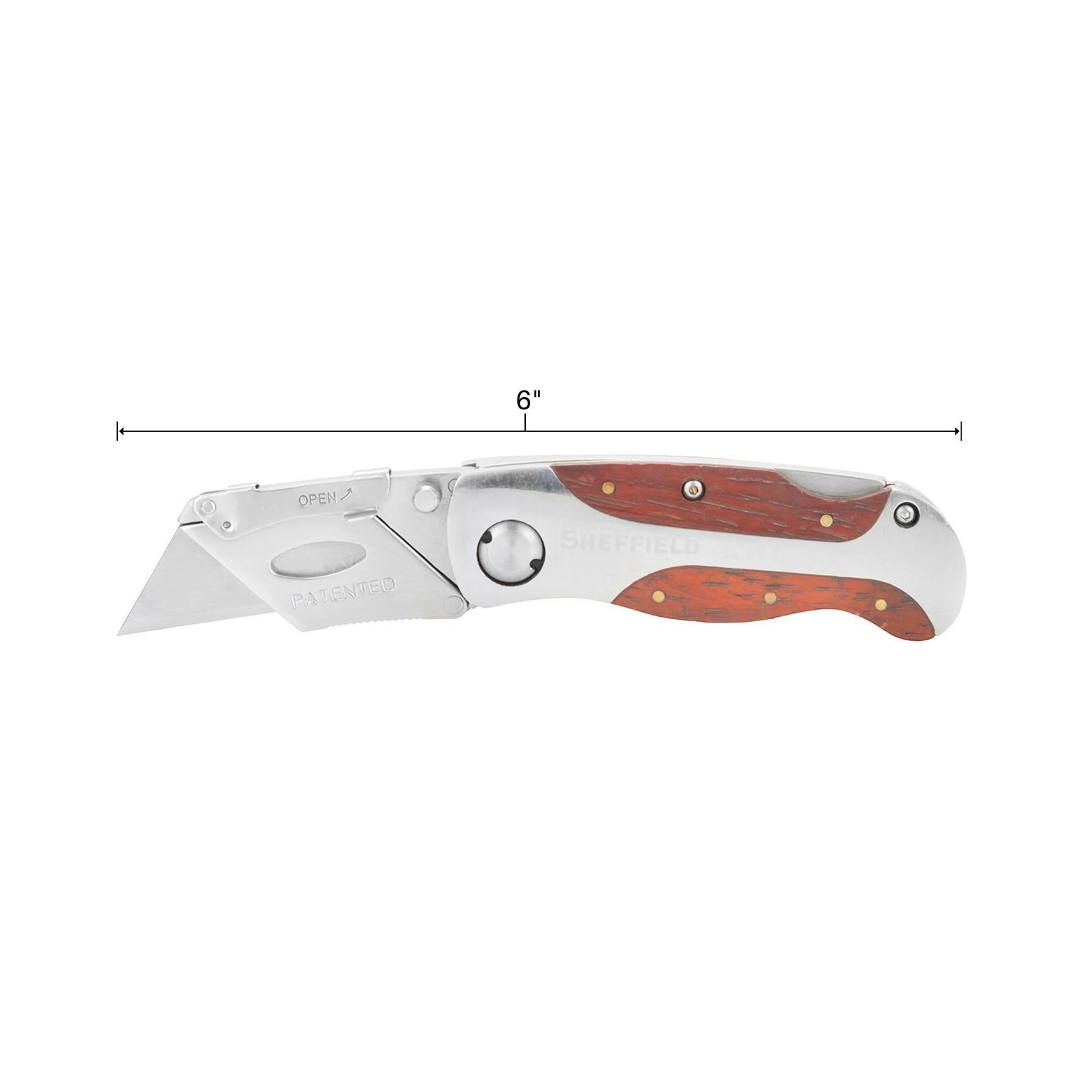 Sheffield 12818 Ultimate Lock Back Utility Knife with Leather Sheath,  Folding, Box Cutter Knife, Carpet Knife, Drywall Cutter, and More,  Quick-Change Blade, Aluminum & Wood Handle - Utility Knives 