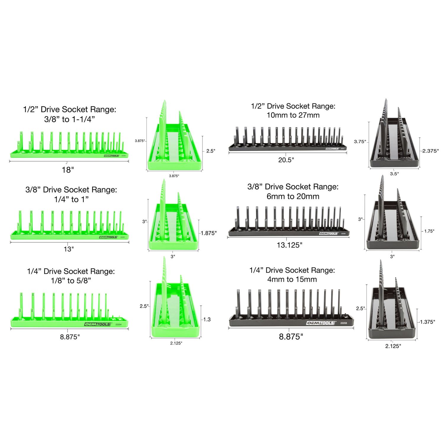 OEMTOOLS SAE and Metric Black and Green Socket Tray Set 6 Piece