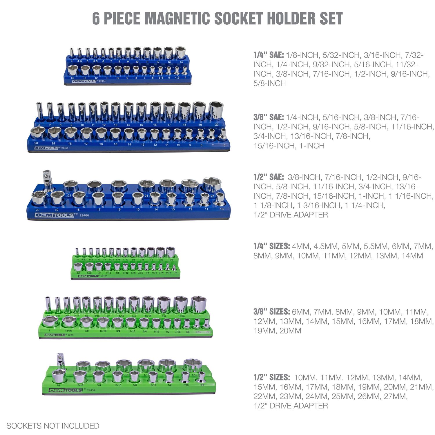 OEMTOOLS Set Metric and SAE Magnetic Socket Tray Set 6 Pack