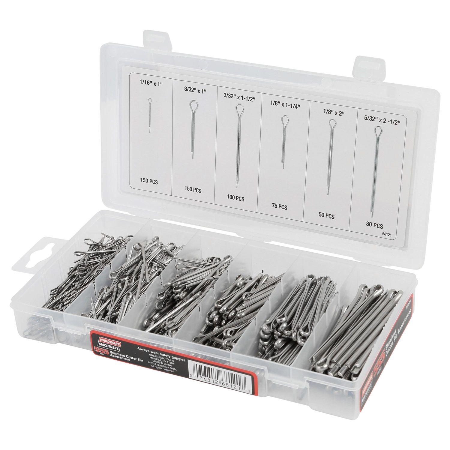 555pc Cotter Pin Assortment – Galvanized, Reusable Case, MPN 555