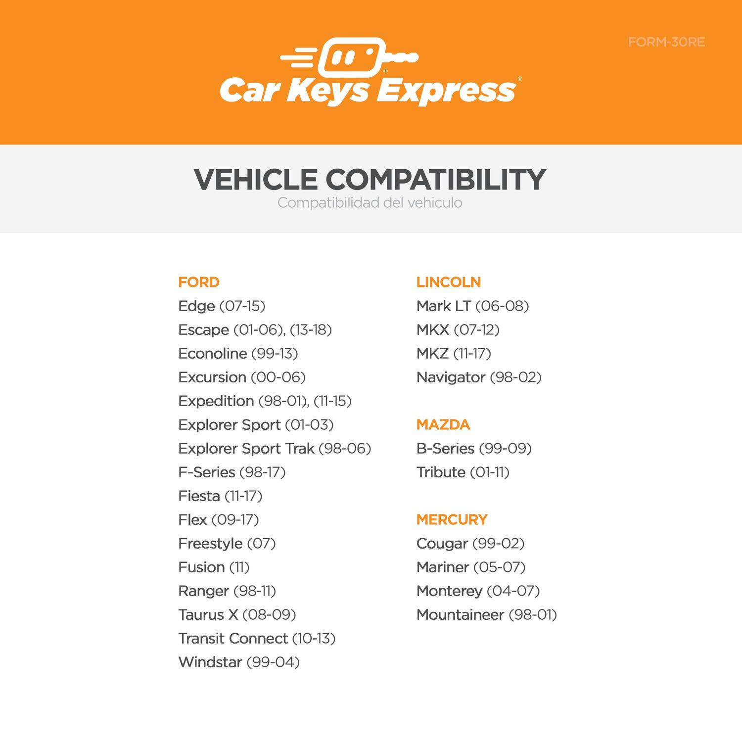 Car Keys Express Keyless Entry Transmitter FORM30RE