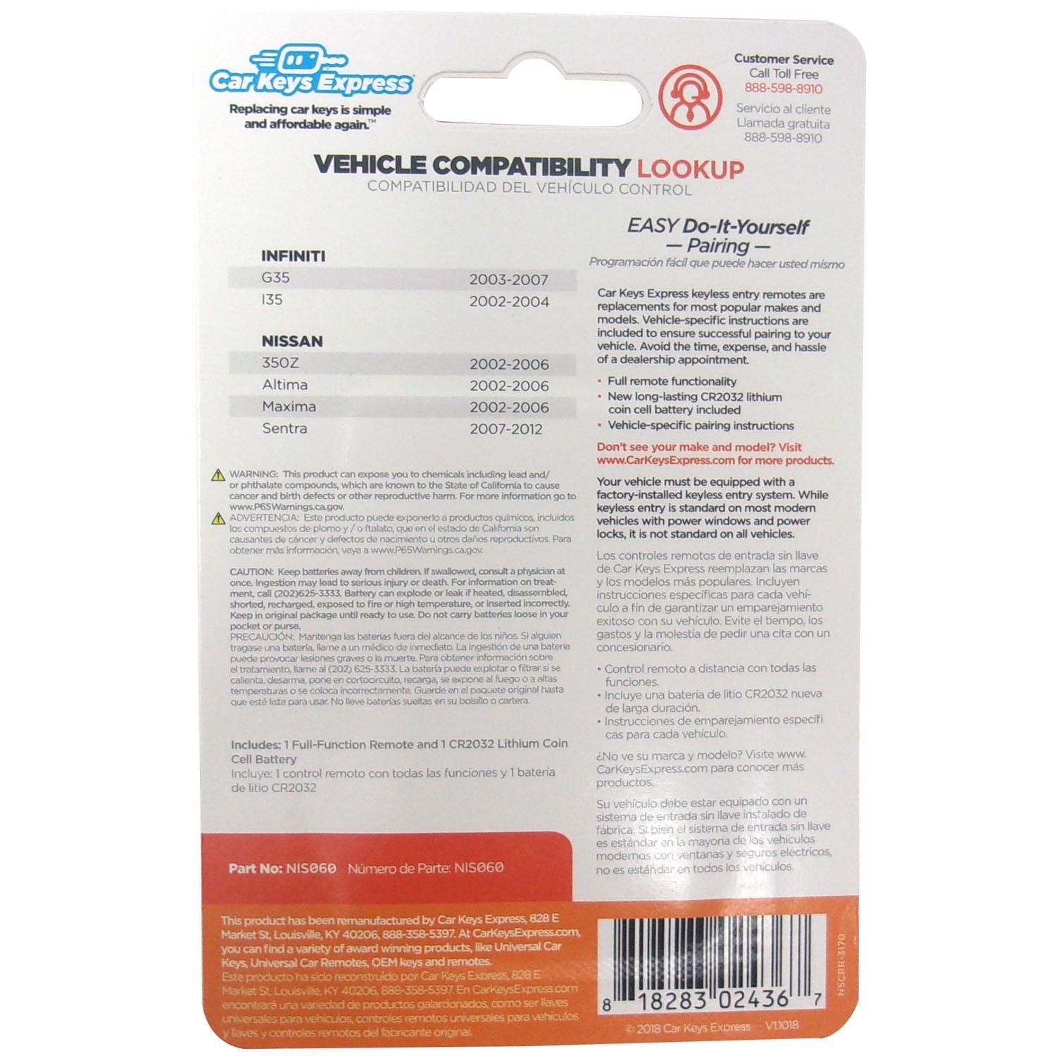 Car Keys Express Keyless Entry Transmitter NIRM4T0RE