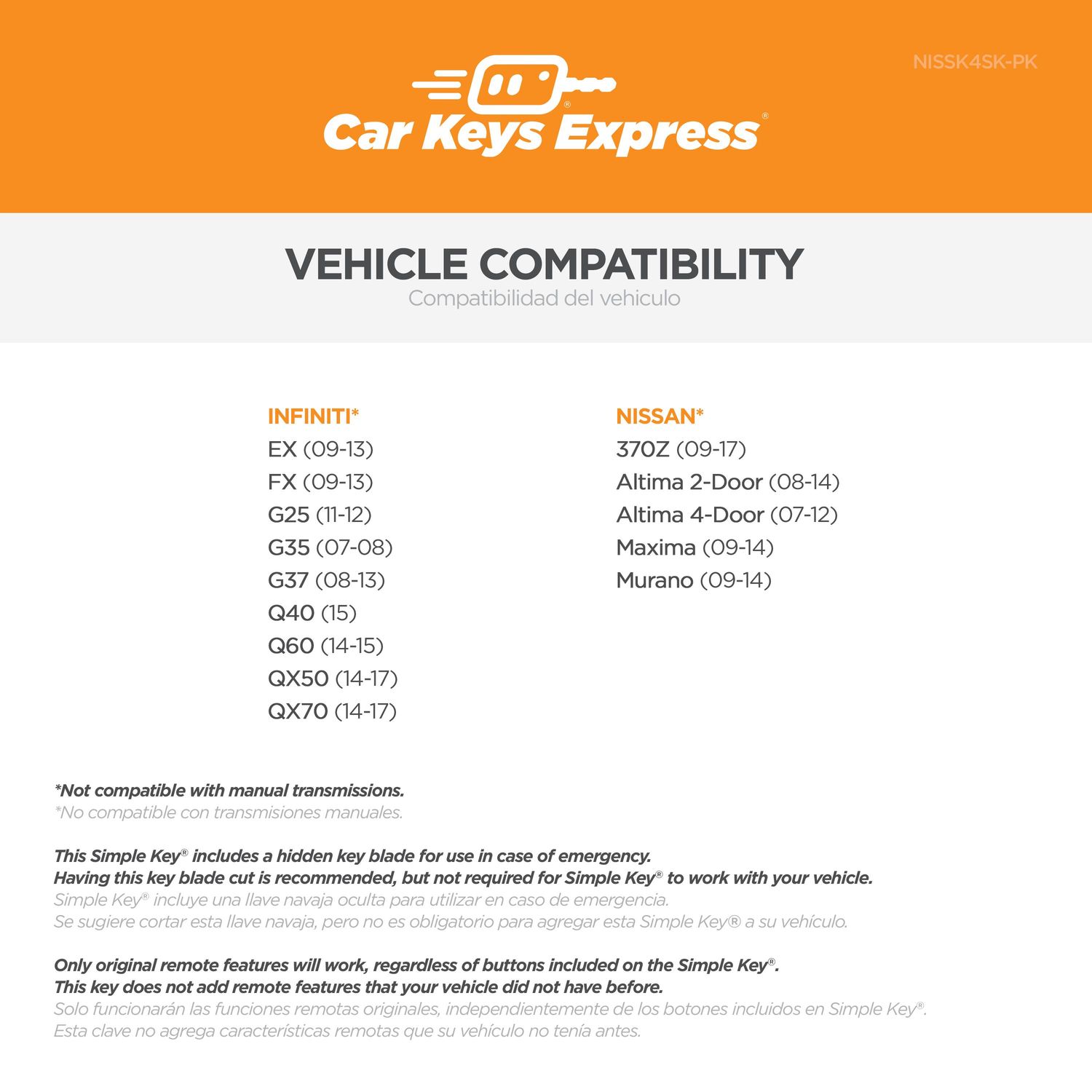 Car Keys Express Vehicle Key NISSK4SK
