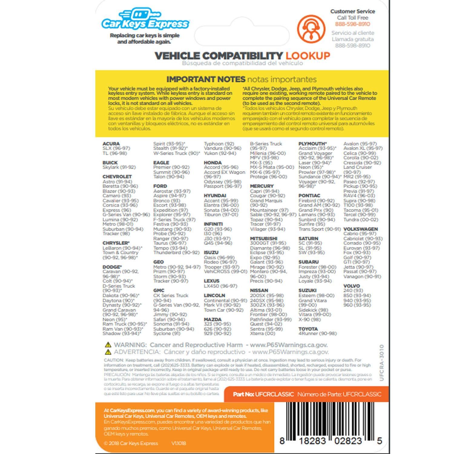 Car Keys Express Keyless Entry Transmitter UFCRCLASSIC