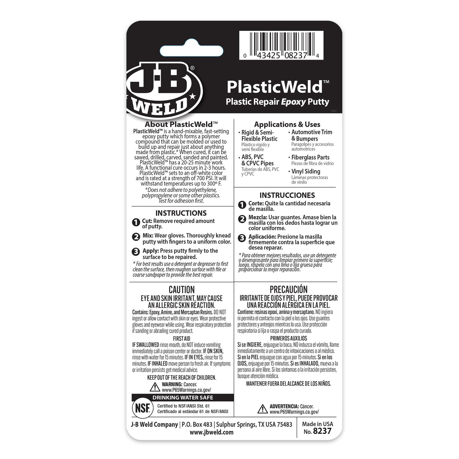  J-B Weld 8237 PlasticWeld Plastic Repair Epoxy Putty - 2 oz. :  Automotive