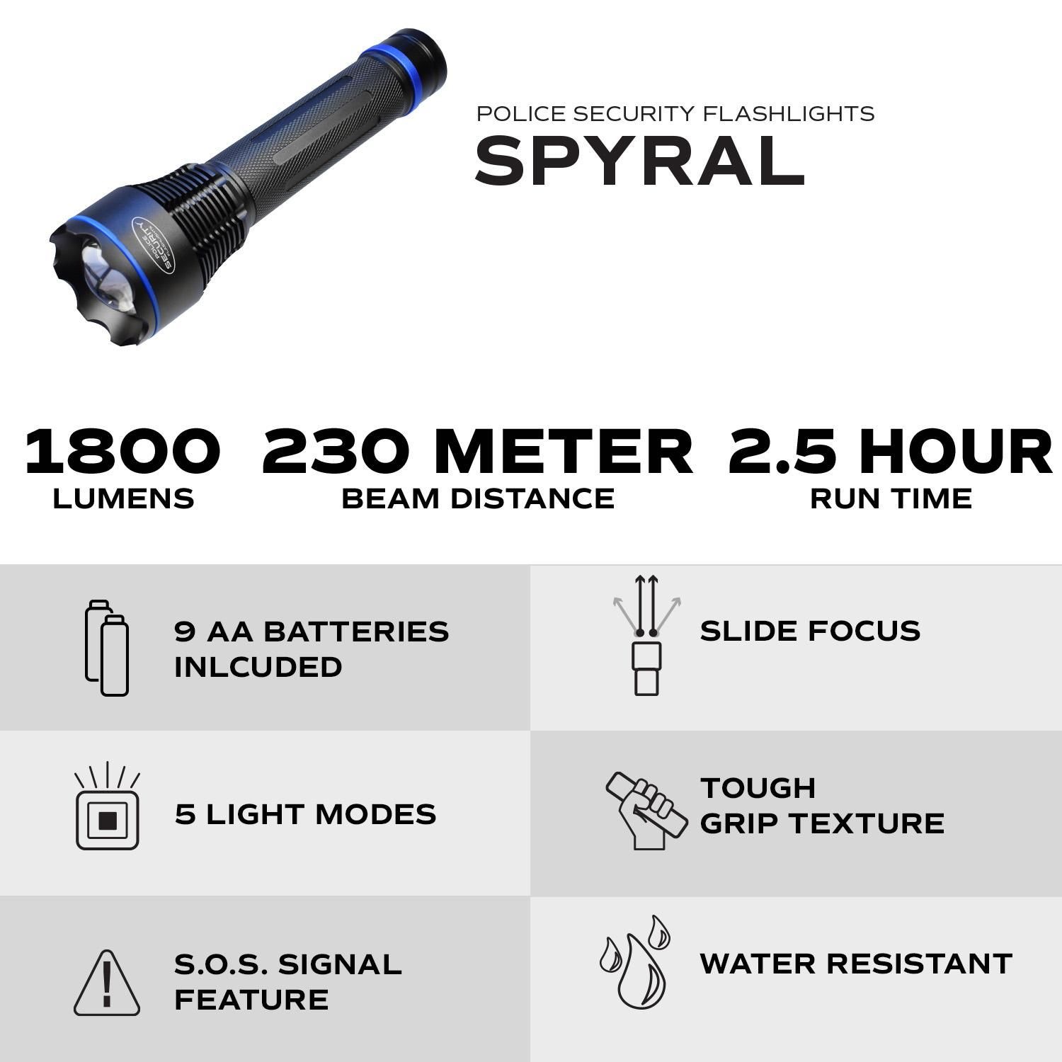 Police Security Spyral 1800 Lumen LED Flashlight