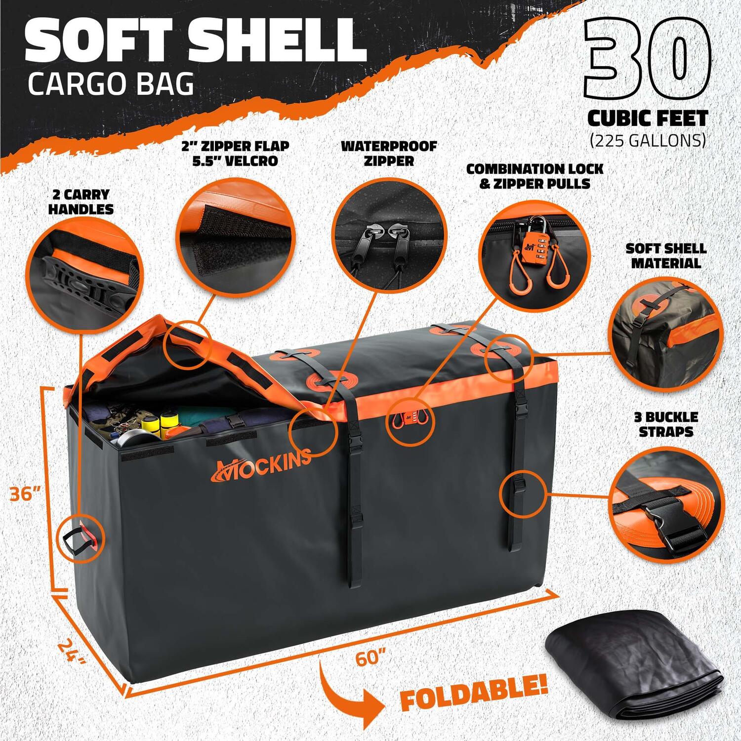 Mockins 60in x 24in x 6in Cargo Hitch Carrier with 30 Cu ft Cargo Bag ...