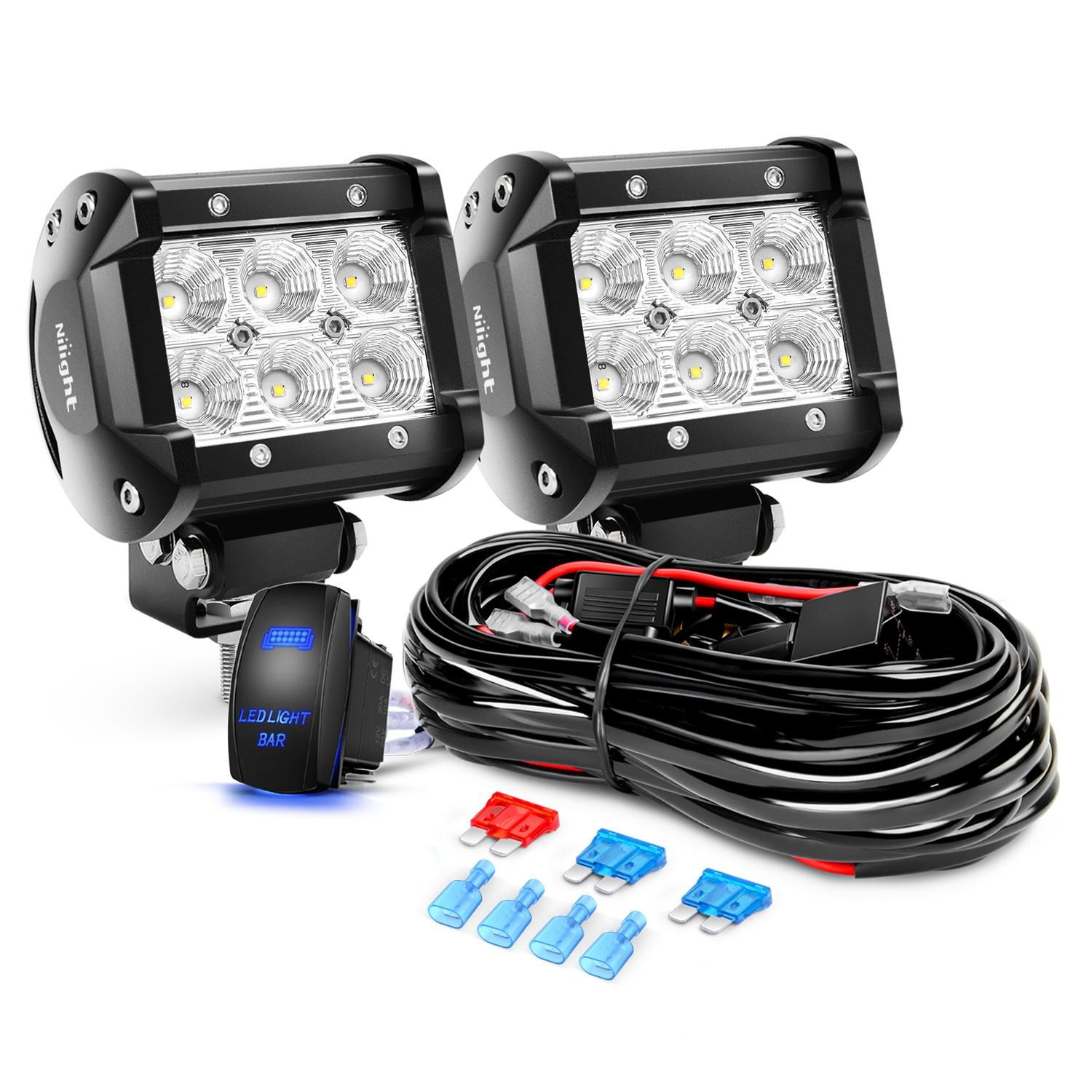 Nilight 4in 18 Watts Flood LED Light Pods with 12 Volt 16AWG 5 Pin ...