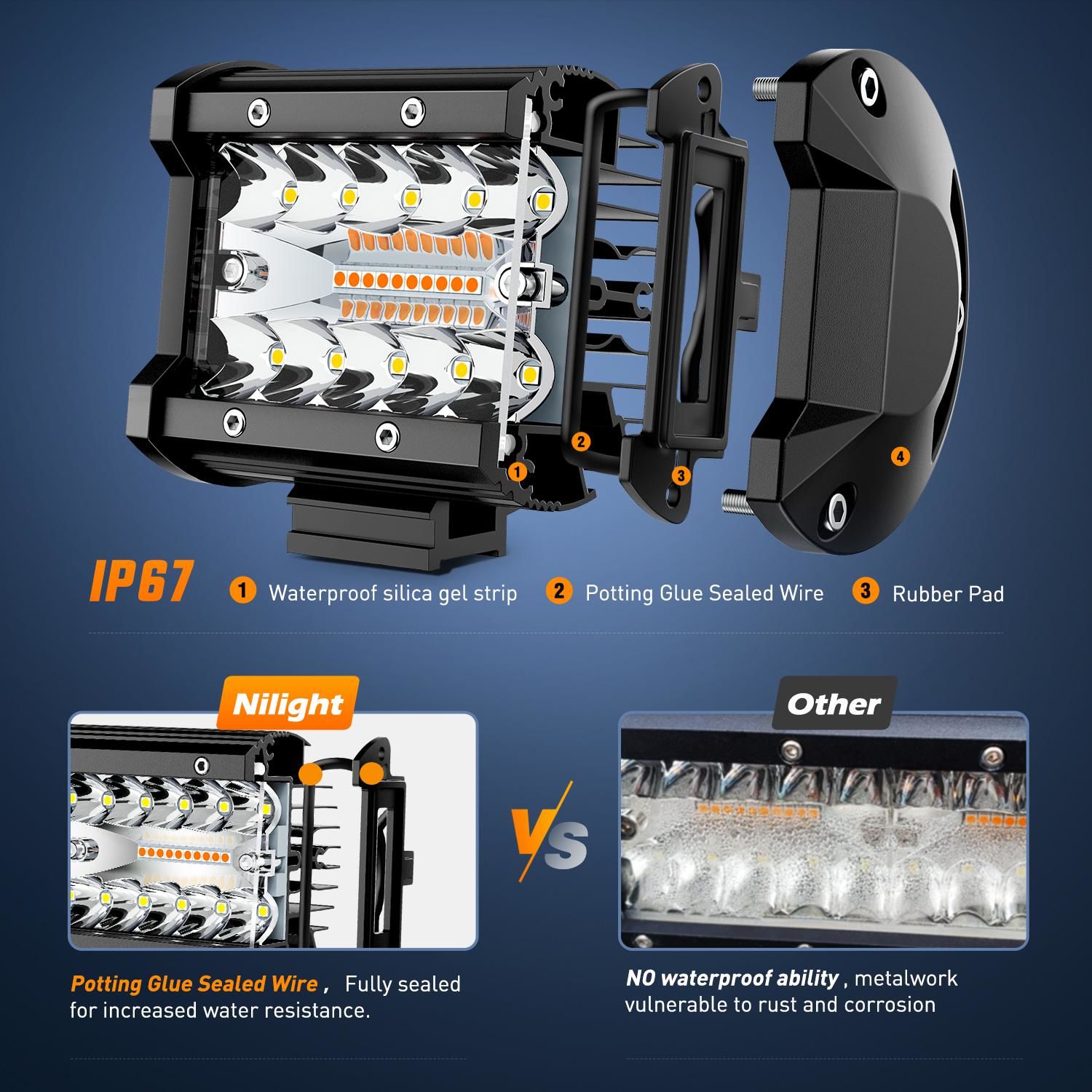 Nilight 4in 20 LED Amber White Combo Strobe LED Light Pods 2