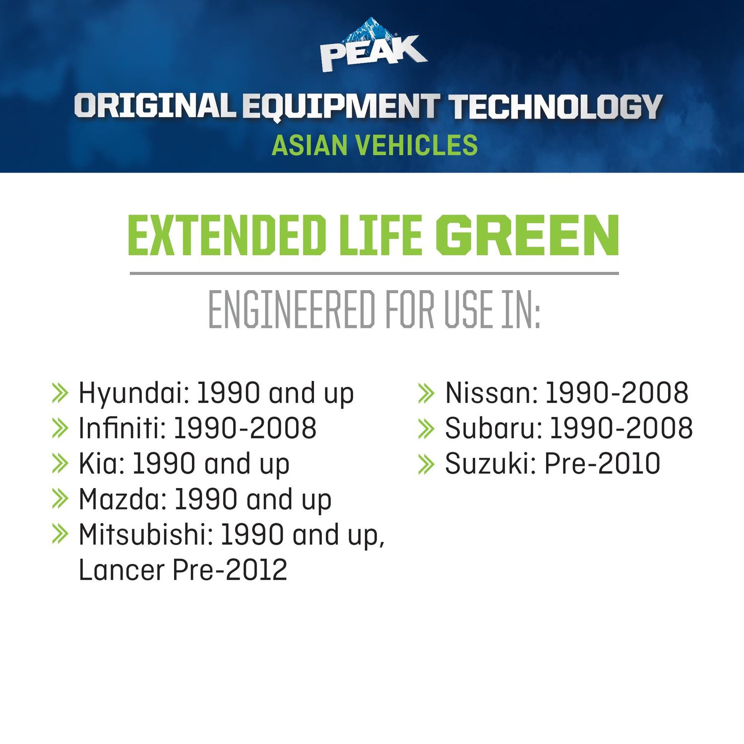 PEAK Original Equipment Technology Asian Vehicles Green Antifreeze and