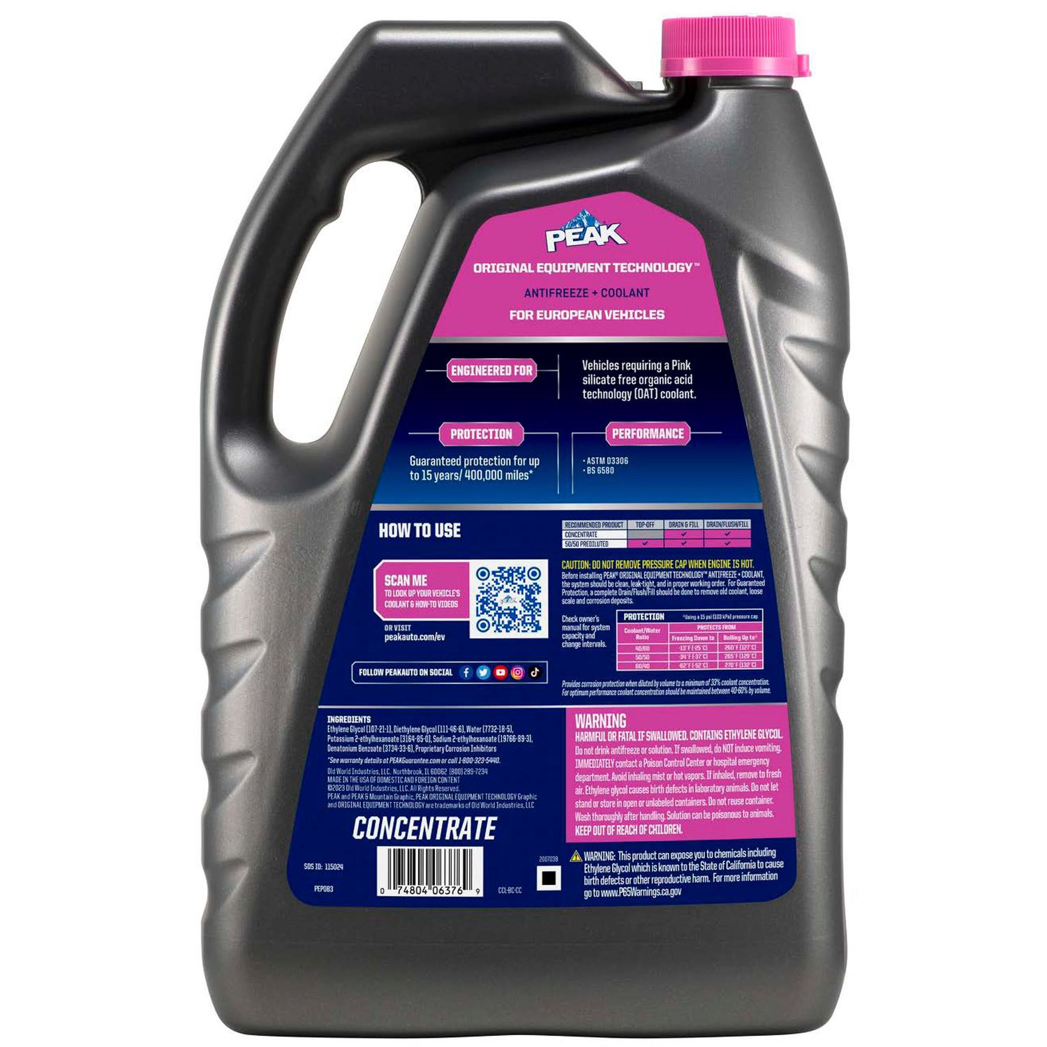 Peak Oet Antifreeze And Coolant European Vehicles Pink Concentrate 5 Year150k Mile Protection 0887