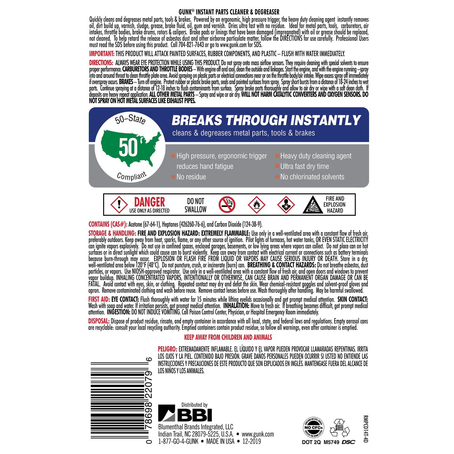 Gunk Instant Parts Cleaner and Degreaser 14 Oz.