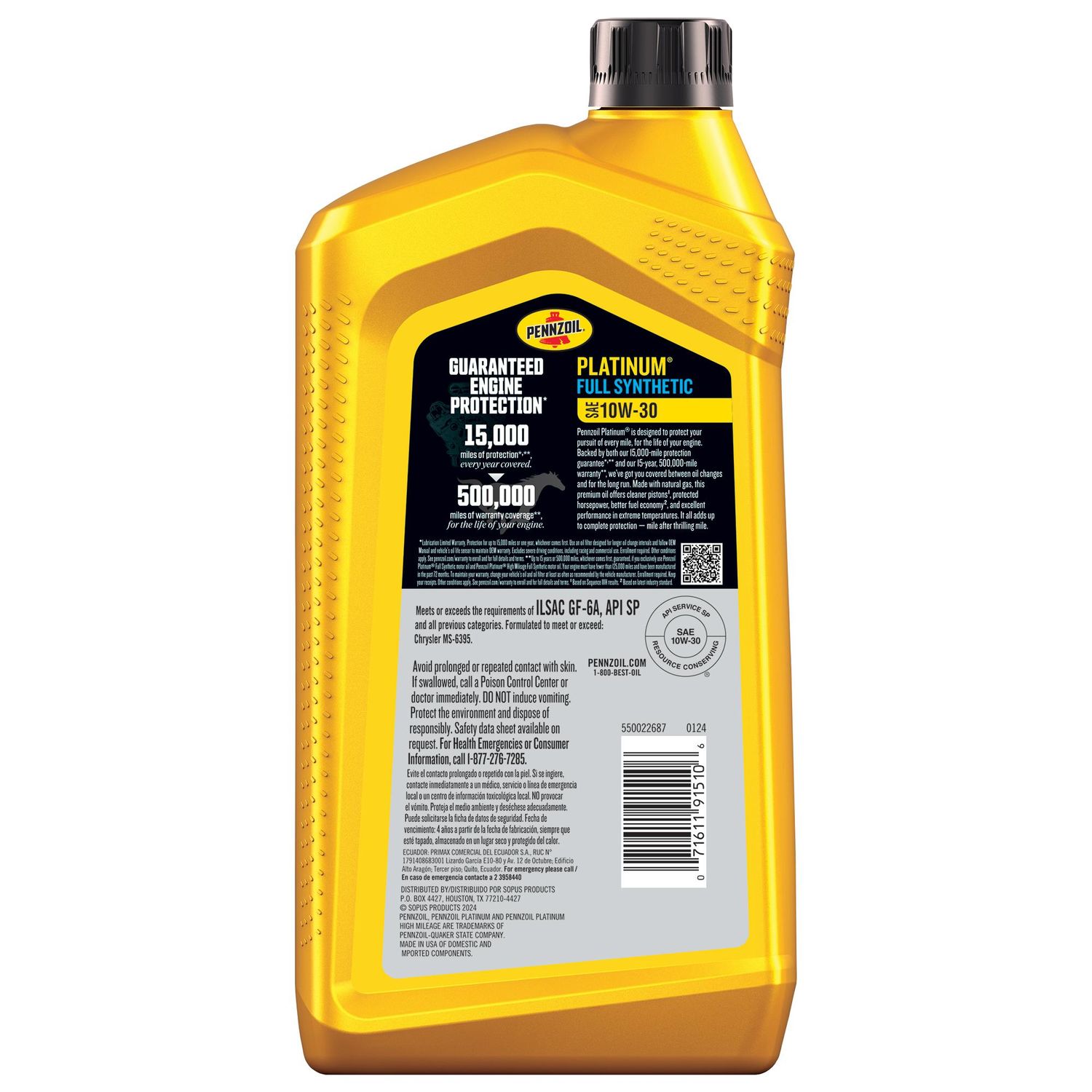 Pennzoil Platinum Engine Oil Full Synthetic 10W-30 1 Quart