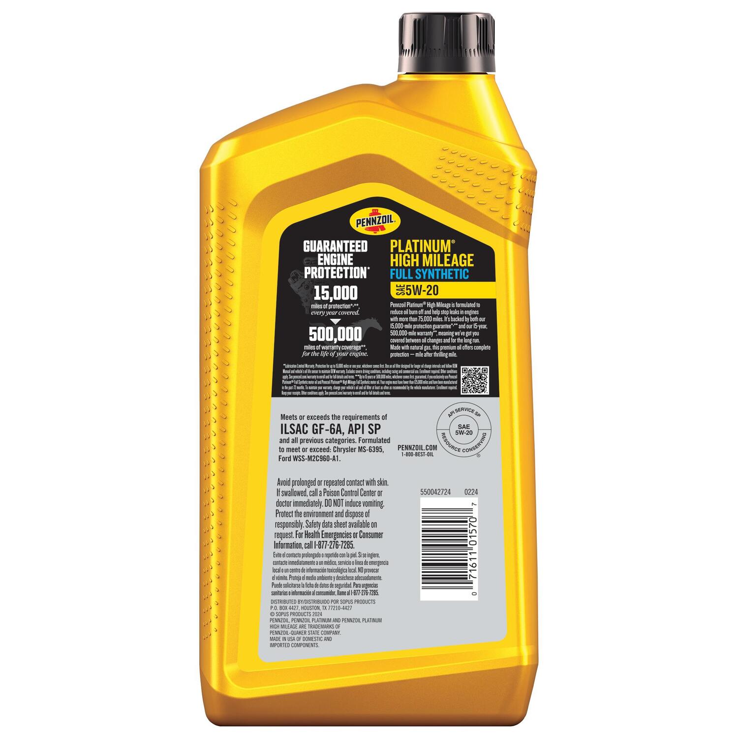 Pennzoil Platinum High Mileage Full Synthetic Engine Oil 5W20 1 Quart
