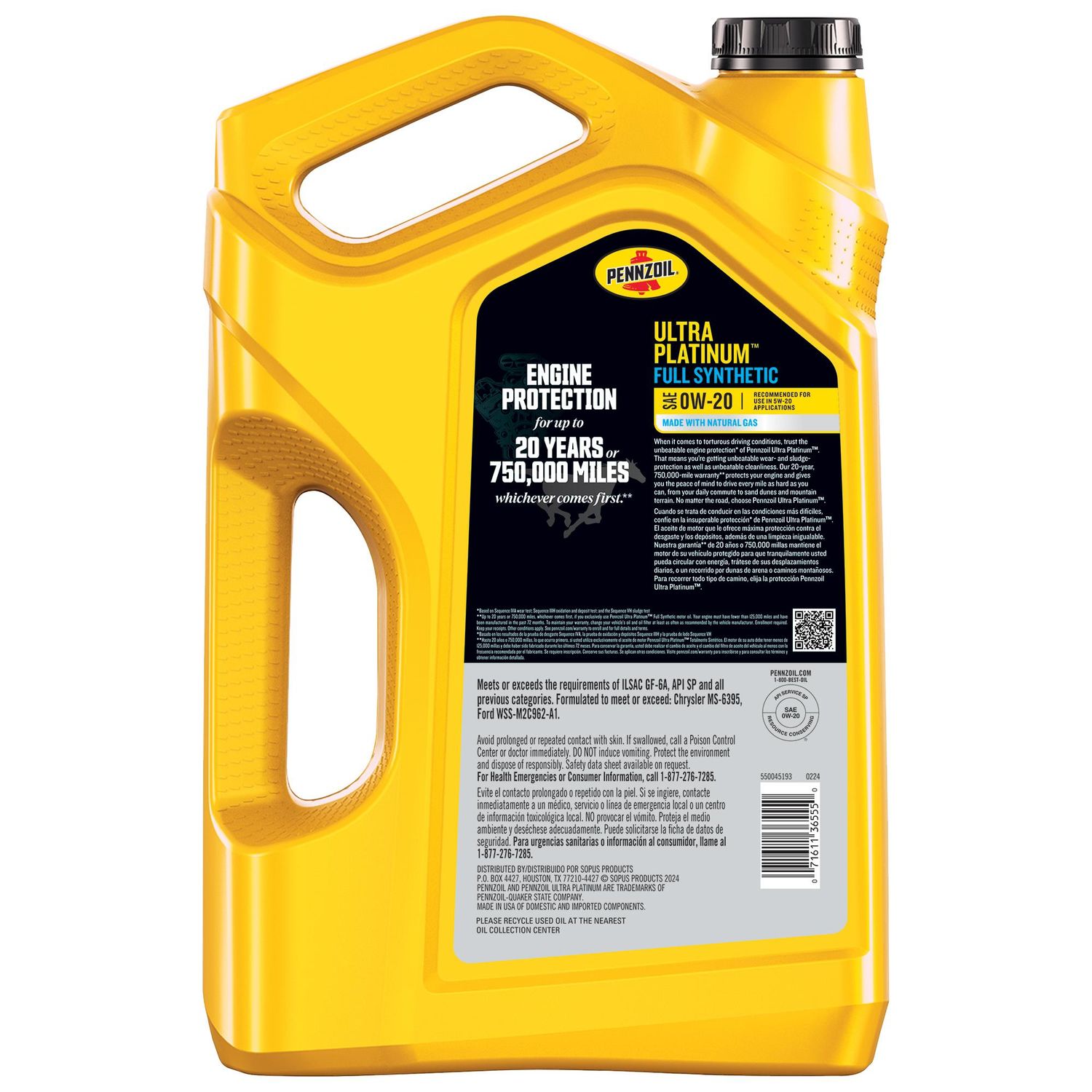 Pennzoil Full Synthetic Engine Oil 0W-20 5 Quart