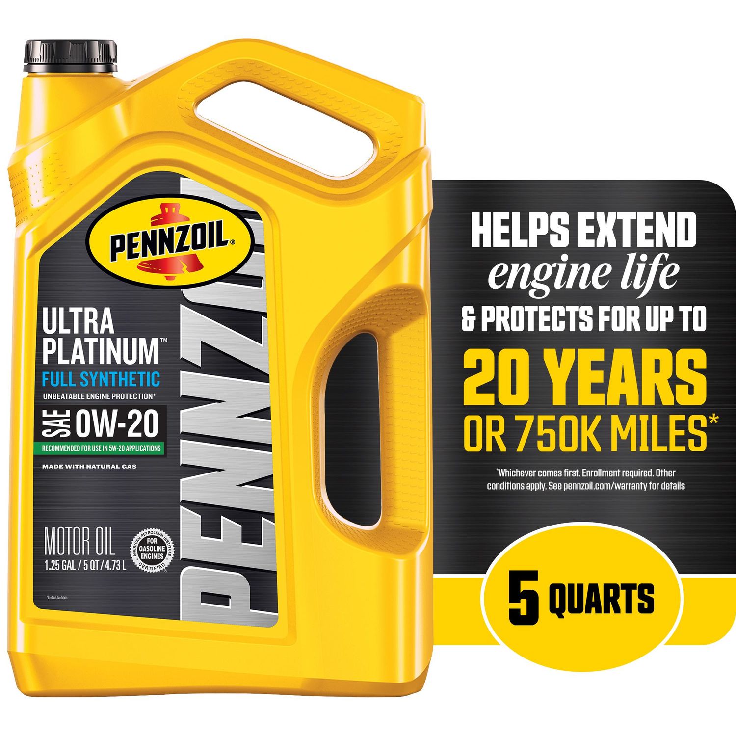 Pennzoil Ultra Platinum Full Synthetic Engine Oil 0W-20 5 Quart