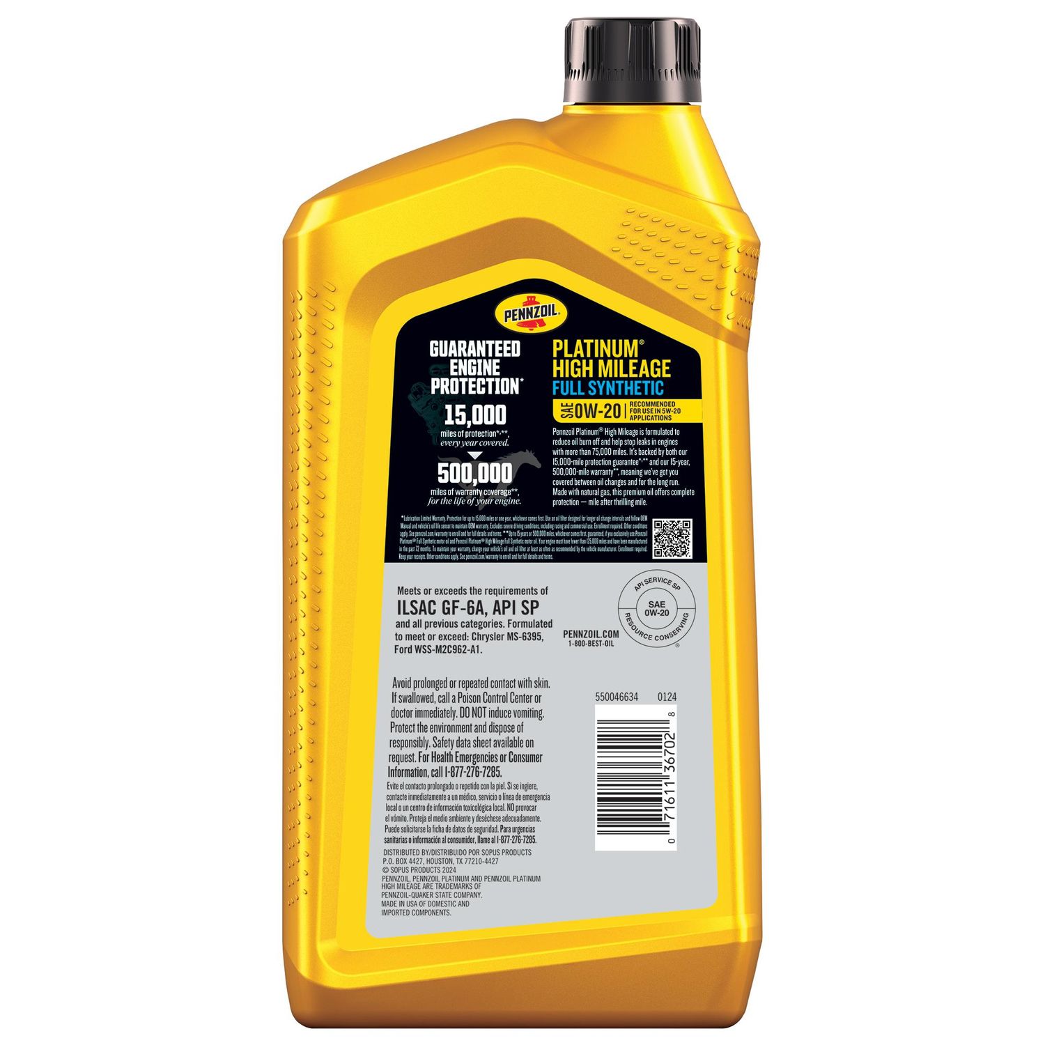 Pennzoil Platinum High Mileage Full Synthetic Engine Oil 0W-20 1 Quart