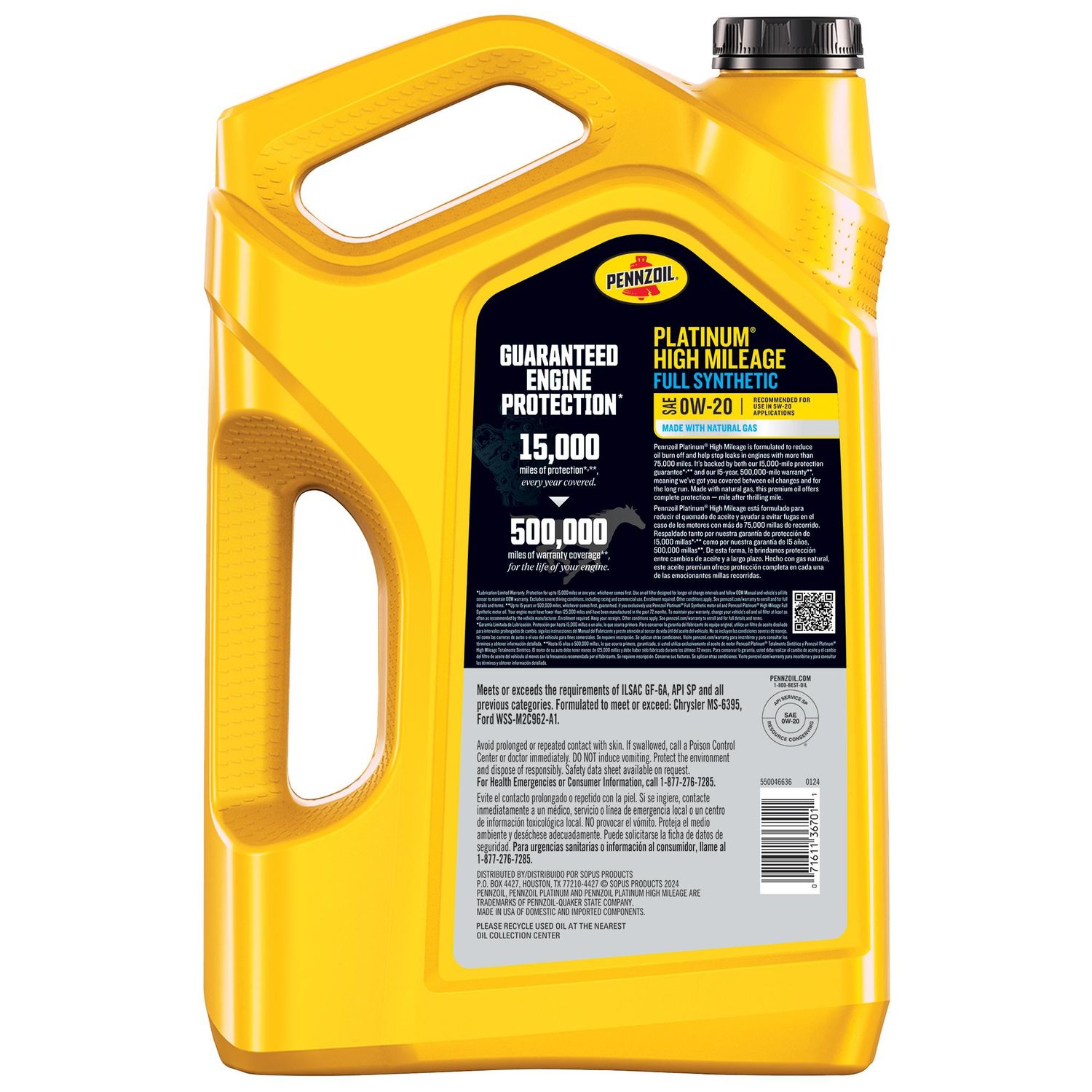 Pennzoil Platinum High Mileage Full Synthetic Engine Oil 0W-20 5 Quart