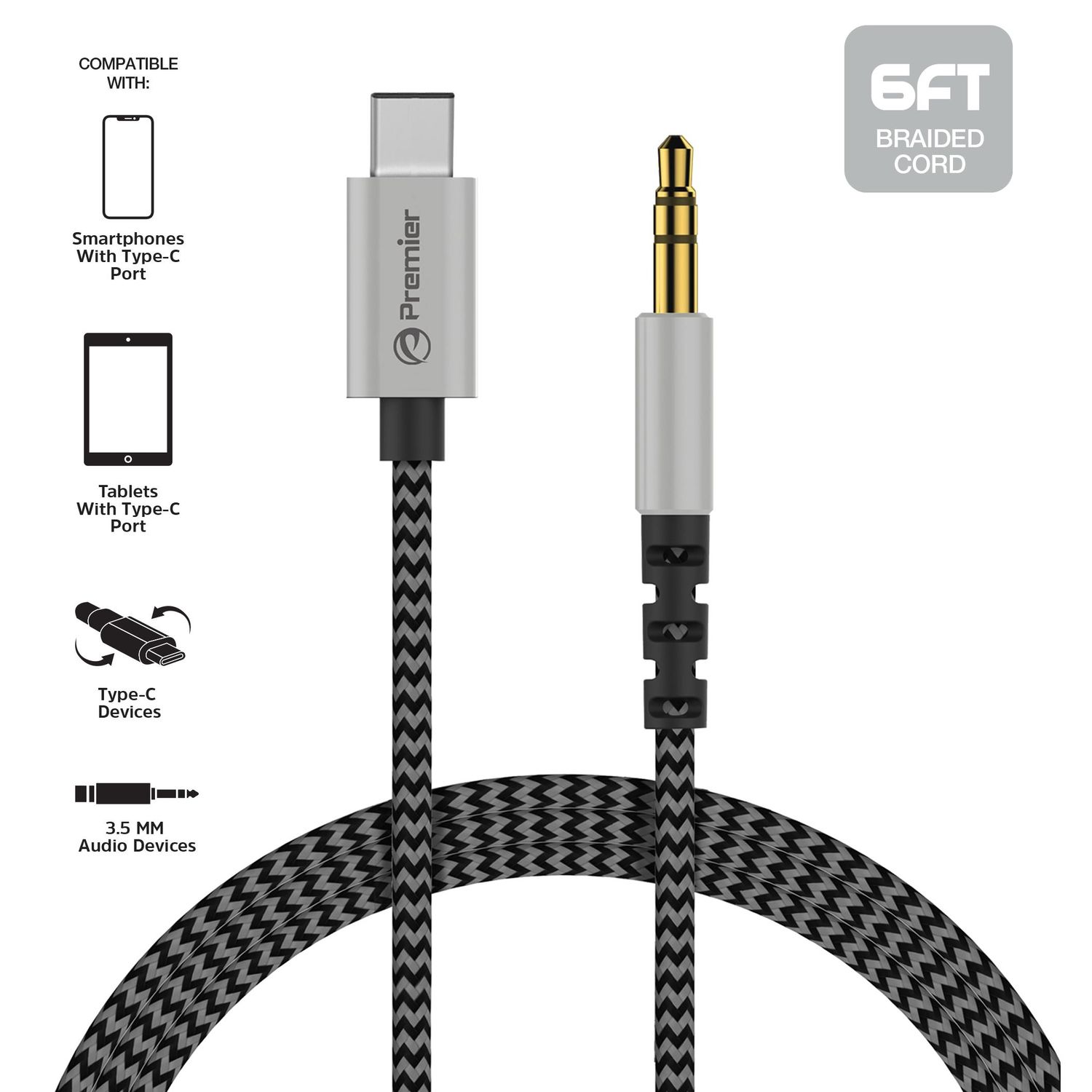 USB C to 3.5mm Aux Cord for Car with Charging 4FT,2-in-1 USB