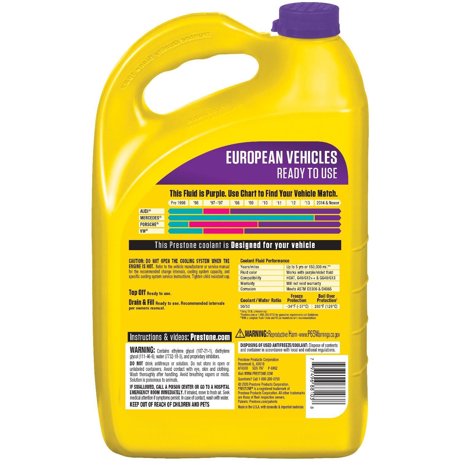 Prestone Antifreeze/Coolant European Vehicles Violet PREMIXED *5 Year