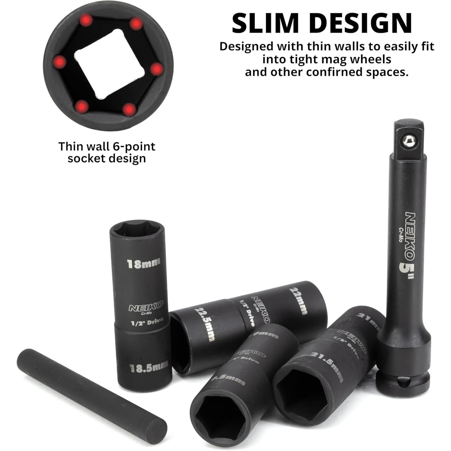 NEIKO 1/2in Drive Metric Impact Thin Wall Flip Socket Set 6 Piece