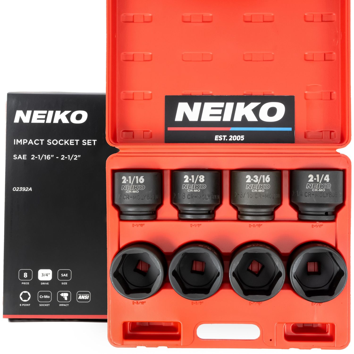 NEIKO 3/4in Drive Jumbo SAE Shallow Impact Socket Set 8 Piece