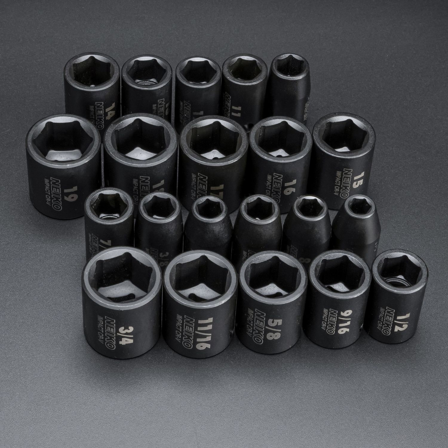 NEIKO 3/8in Drive SAE and Metric Shallow Impact Socket Set 21 Piece