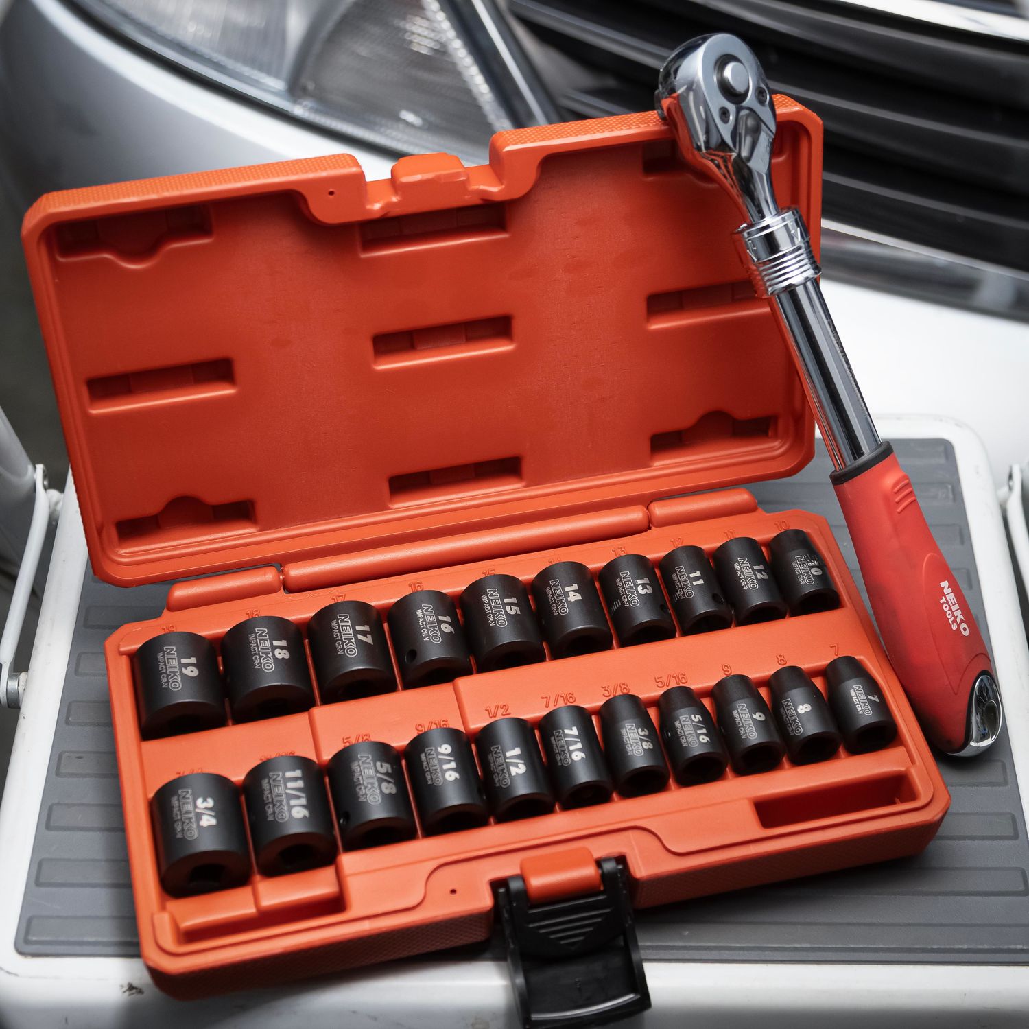 NEIKO 3/8in Drive SAE and Metric Shallow Impact Socket Set 21 Piece