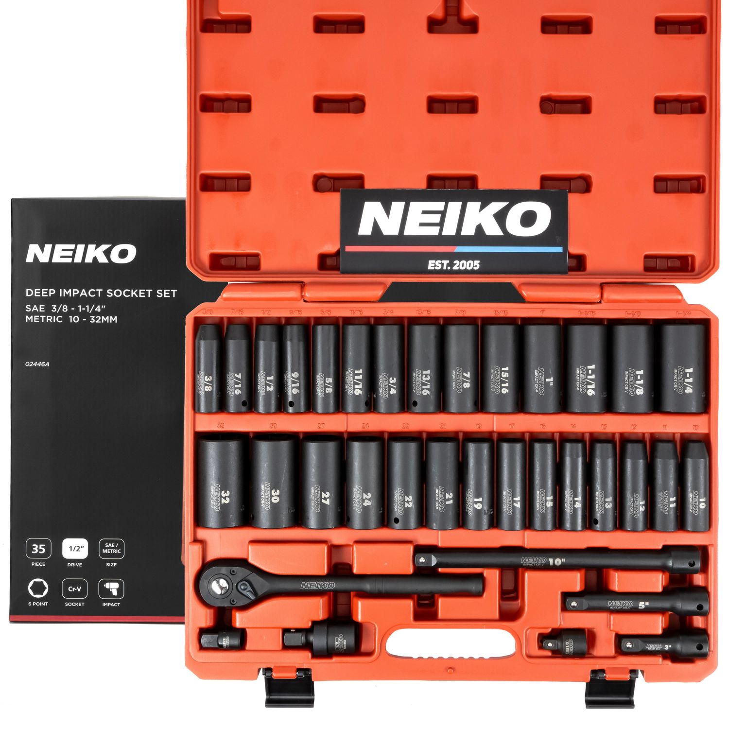 NEIKO 1/2in Drive SAE and Metric Deep Impact Socket Set 35 Piece