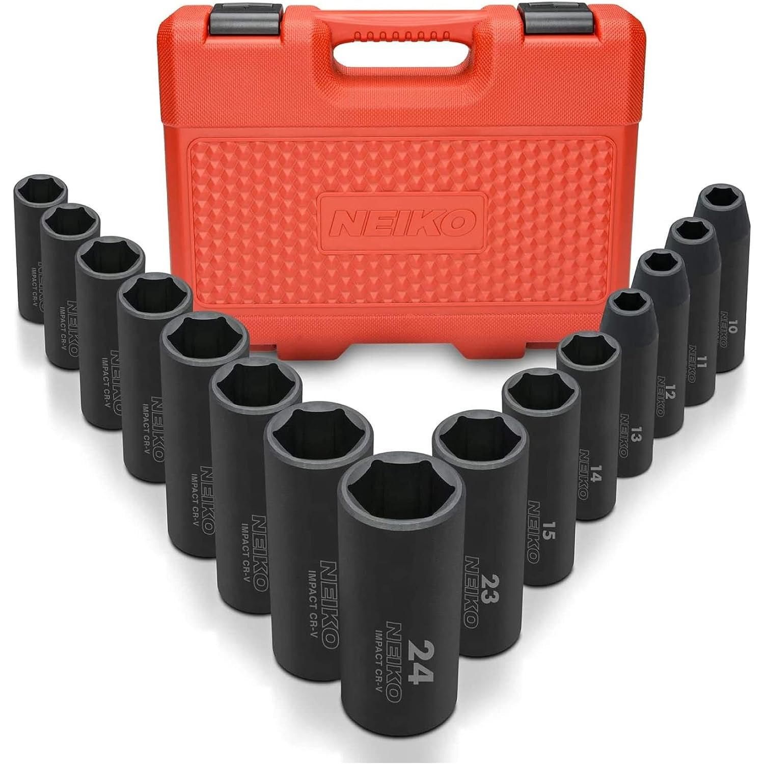 NEIKO 1/2in Drive Metric Deep Impact Socket Set 15 Piece